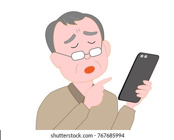An elderly man who wears reading glasses and operates a smartphone.

