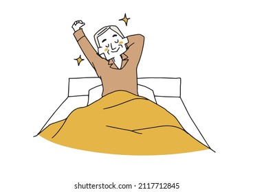  An elderly man who woke up comfortably in the morning, a comical handwritten person illustration, and a simple coloring of a vector line drawing.