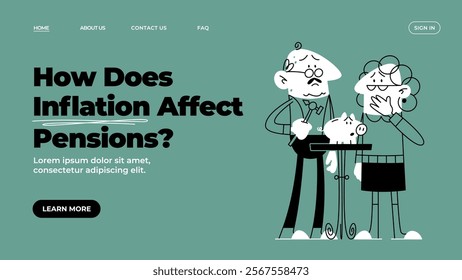 An elderly man and woman are about to break a piggy bank of money. Saving money. Life in retirement. Retirement savings. Economic crisis, bankruptcy. Vector doodle illustration. Landing page.