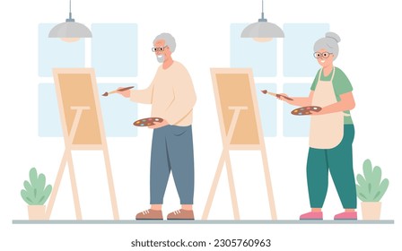 Elderly man and woman artist painting picture on easel. Senior people active lifestyle and creative hobby concept. Vector cartoon or flat illustration.