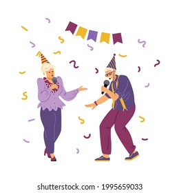 Elderly man and woman in birthday hats singing in microphone, cartoon vector illustration isolated on white background. Seniors birthday party in karaoke bar or club.