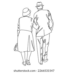 Elderly man and woman . Continuous one line drawing. Vector illustration.