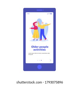 An elderly man and woman dance together. Active lifestyle of an older couple after retirement. Vector flat cartoon illustration. Landing page template for a mobile app. Design for web