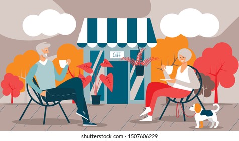 Elderly Man and Woman and Dog Drink Coffee in Cafe. Vector Illustration. Free Time. Development and Hobby. Modern Hobby Old People. Use Time Wisely. People Sit on Chairs With Cup In Hand. Cafe in Park