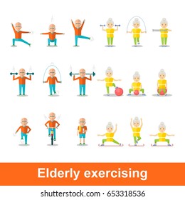 Elderly man and woman doing exercises. Healthy lifestyle, active lifestyle. Sport for grandparents. Holding hands couple.Objects isolated on a white background. Flat vector illustration.
