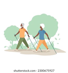 Elderly man and woman doing Nordic walking in the park. Older people go in for sports and lead an active lifestyle. Vector illustration in a flat style on a white background.