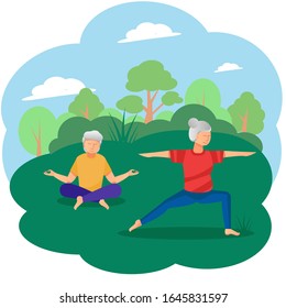 Elderly man and woman doing yoga in the Park. Active lifestyle of an old married couple, care for health and longevity. The concept of an energetic summer leisure in nature. Pensioners outdoor. Vector