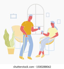 Elderly Man and Woman Drink from Glasses at Home. Vector Illustration. Family Spends Time Together. Home Interior. Family Situations. Man with Walking Stick and Woman Sitting on Chair.