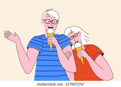 Elderly man and woman eating ice cream. Old couple enjoying sweet frozen desserts. Senior people feeling happy with their ice cream. Vector illustration