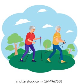 An elderly man and woman are engaged in Nordic walking with sticks in the Park. Physical activity, aerobic exercise, healthy lifestyle for pensioners. Outdoor concept in summer. Vector illustration.