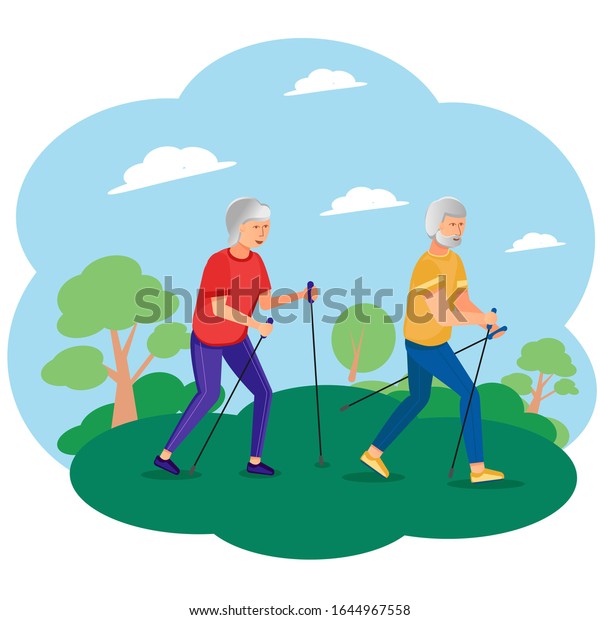 年配の男女が公園で杖を持ってノルディック歩行に従事している 運動 有酸素運動 年金受給者の健康的なライフスタイル 夏のアウトドアのコンセプト ベクター イラスト のベクター画像素材 ロイヤリティフリー
