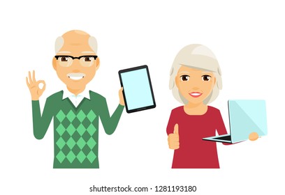 Elderly man and woman with gadgets in their hands. An elderly man with a tablet. An elderly woman with a laptop. Retirement age. In flat style on white background. Cartoon.