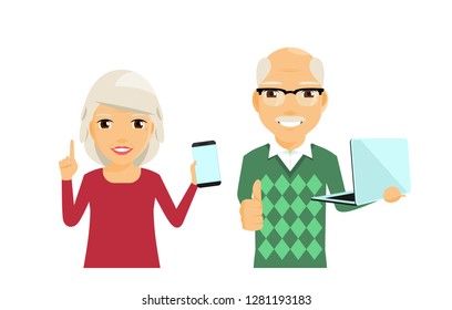 Elderly man and woman with gadgets in their hands. An elderly man with a laptop. An elderly woman with a phone. Retirement age. In flat style on white background. Cartoon.