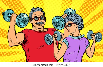 an elderly man and woman grandma grandpa retired in sports, fitness dumbbell. Pop art retro vector illustration drawing vintage kitsch