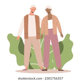 Hombre mayor y mujer. Feliz vieja familia, abuela y abuelo tomándose de la mano al fondo de las hojas. Gente mayor de pie juntos. Amor y romance. Dibujo vectorial plano de dibujos animados