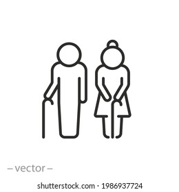 Elderly Man And Woman Icon, Grandfather And Grandmother, Couple Old People, Senior With Lady, Pension Family, Grandparents, Thin Line Symbol On White Background - Editable Stroke Vector Illustration