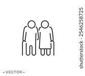 elderly man and woman icon, pension family, grandparents, grandfather and grandmother, couple old people, thin line symbol isolated on white background, editable stroke eps 10 vector illustration