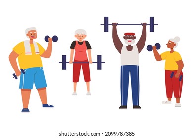 Elderly man and woman lifting weights