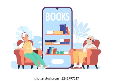 Elderly man and woman listen to music an audiobook through headphones. Book reading smartphone application. Grandparents leisure. Senior people enjoying of literature