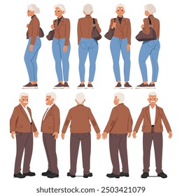 Elderly Man And Woman From Multiple Profile Views. Characters Are Dressed Casually, Showcasing Front, Side, And Back Views, Ideal For Character Design, Fashion Concept, Or Demographic-related Projects