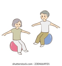 Elderly man and woman on balance balls.