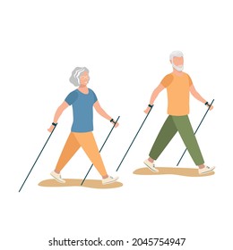 An elderly man and woman practice Nordic walking. Elderly people play sports and lead an active lifestyle. Vector illustration in a flat style on a white background.