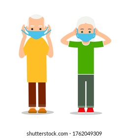 Elderly man and woman puts on virus mask. Corona virus hygiene. Health care. Healthy lifestyle during an outbreak virus infection. Respiratory protection. Flat illustration isolated white background.
