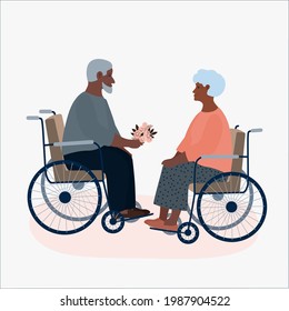 Elderly man and woman relationship, marriage, wedding, bouquet, flowers in hands, love, couple, disabled in wheelchair, happy old age concept. Grandparents together, cartoon style. Minimalism, vector