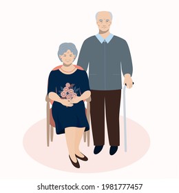 Elderly man and woman relationship, sitting in a chair, marriage, wedding, bouquet of flowers in hands, love, couple, happy old age concept. Grandparents together, cartoon style. Minimalism, vector 