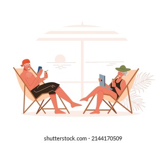 Elderly man and woman are relaxing on the beach in sun loungers. Recreation and entertainment for pensioners. Flat vector illustration.