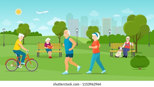 The elderly man and the elderly woman run in the park. Old man and woman sitting on the bench  in the park. Old man riding a bicycle Vector flat illustration