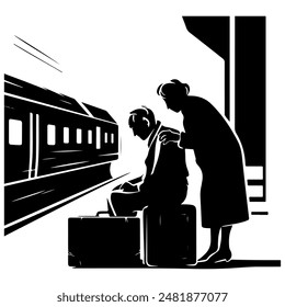 An elderly man and a woman saying goodbye at a train station, with a train in the background and a large suitcase at the man's feet. Minimalistic vector image