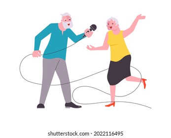 Elderly man and woman singing with microphone. Happy old people have fun isolated on white background. Flat Art Vector Illustration.