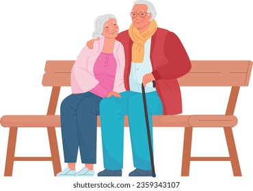 Elderly man and woman sit on bench. Happy loving couple isolated on white background