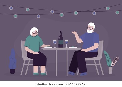 Hombre mayor y mujer sentados en la mesa. Una pareja de amor mayor saliendo en un café. Relación romántica, abuelos felices. Velada de verano en el restaurante de la calle. ilustración vectorial plana