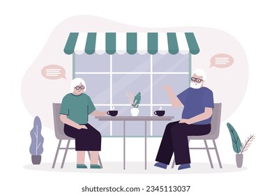 Elderly man and woman sit at table. Aged love couple dating in cafe. Romantic relationship, happy grandparents. Old people talking in restaurant on street. flat vector illustration