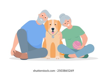 Elderly man and woman sitting with dog. Dog lover senior people hugging cute dog. Happy Pet and owners. Vector flat illustration isolated on white background.