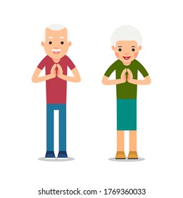 Elderly man and woman standing and makes greeting with his hands together to prevent transmission of viruses. Isolated illustration in flat style on white background. Namaste of european people.
