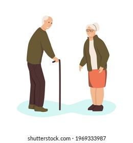 An elderly man and a woman are standing opposite each other on the street. Flat cartoon vector illustration.