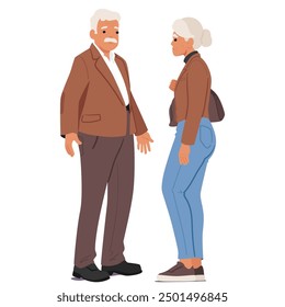 Elderly Man And Woman Standing In Profile View Engaging With Each Other. Characters Dressed Casually, Suggesting Everyday Social Interaction. Concept Of Senior Companionship, Communication, And Aging