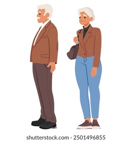 Elderly Man And Woman Standing In Profile View. Senior Man Is In A Brown Suit While The Woman Is Dressed Casually With Handbag. Both Appear Thoughtful And Calm, Representing Fashion And Companionship