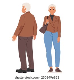 Hombre Y Mujer Ancianos De Pie Juntos En Ropa Casual. El Hombre Se Muestra Por La Espalda, Mientras Que La Mujer Mira Hacia Adelante. Llevan Chaquetas Marrones Y Looks Casuales Deportivos Adecuados Para Salidas Cotidianas