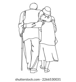 Elderly man and woman with stick. Continuous one line drawing. Vector illustration.