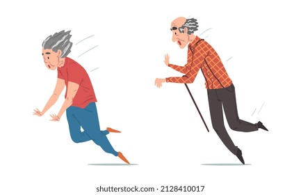 Elderly Man and Woman Stumbling and Falling Down by Accident Vector Set
