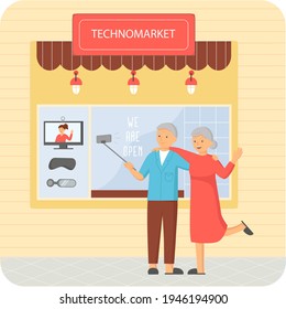 Elderly man and woman take selfie on smartphone on monopod against background of techno market