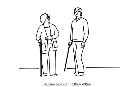 Elderly man and elderly woman for a walk. Hand drawn vector illustration.