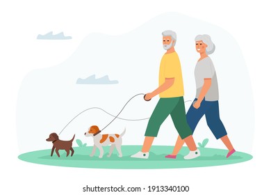 Elderly man and woman walking with dogs. Active lifestyle and leisure activities for seniors.