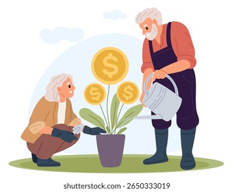 Elderly man and woman watering money plant. Retirement savings. Grandma and grandpa planning finance profit. Financial fund for seniors. Grandparents investing currency