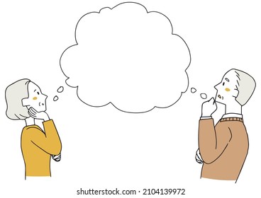 An Elderly Man And An Elderly Woman Who Are Thinking About The Same Thing. Sideways Upper Body Illustration Of A Hand-drawn Person For Guiding The Line Of Sight.