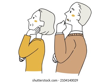 An elderly man and an elderly woman who are thinking about the same thing. Sideways upper body Illustration of a hand-drawn person for guiding the line of sight.
